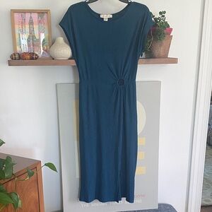 Classic Teal Midi Dress with Ring-Detail Waist